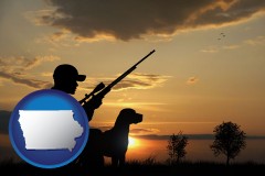 iowa map icon and a hunter and a dog at sunset