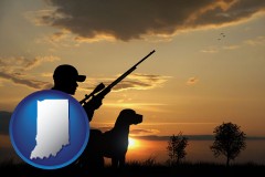 indiana map icon and a hunter and a dog at sunset