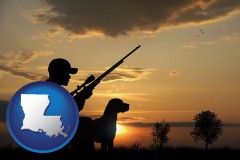 louisiana map icon and a hunter and a dog at sunset