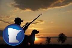 minnesota map icon and a hunter and a dog at sunset