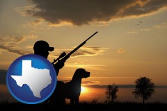 texas map icon and a hunter and a dog at sunset