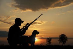 a hunter and a dog at sunset