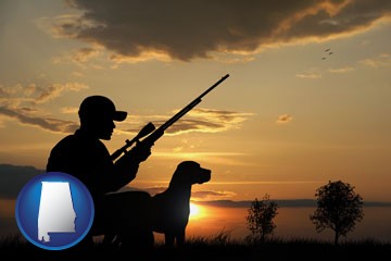 a hunter and a dog at sunset - with Alabama icon