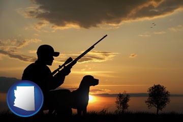 a hunter and a dog at sunset - with Arizona icon