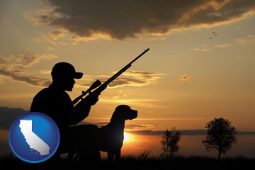 a hunter and a dog at sunset - with California icon