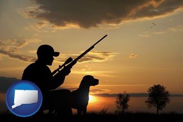 a hunter and a dog at sunset - with Connecticut icon
