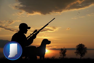 a hunter and a dog at sunset - with Indiana icon