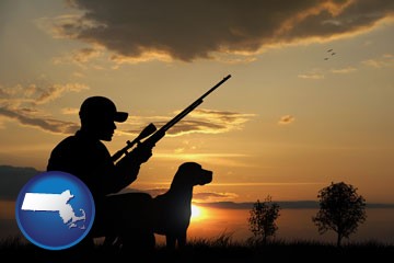 a hunter and a dog at sunset - with Massachusetts icon