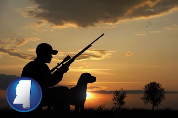 a hunter and a dog at sunset - with Mississippi icon