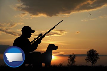 a hunter and a dog at sunset - with Montana icon