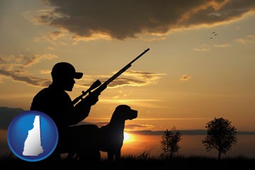 a hunter and a dog at sunset - with New Hampshire icon