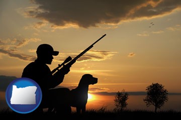 a hunter and a dog at sunset - with Oregon icon