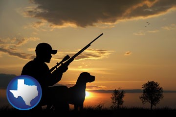 a hunter and a dog at sunset - with Texas icon