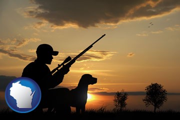 a hunter and a dog at sunset - with Wisconsin icon